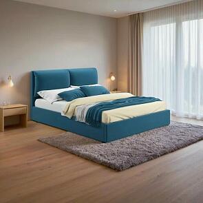 Кровать Vita с матрасом велюр синий без П/М 1400x2000, изголовье мягкое
