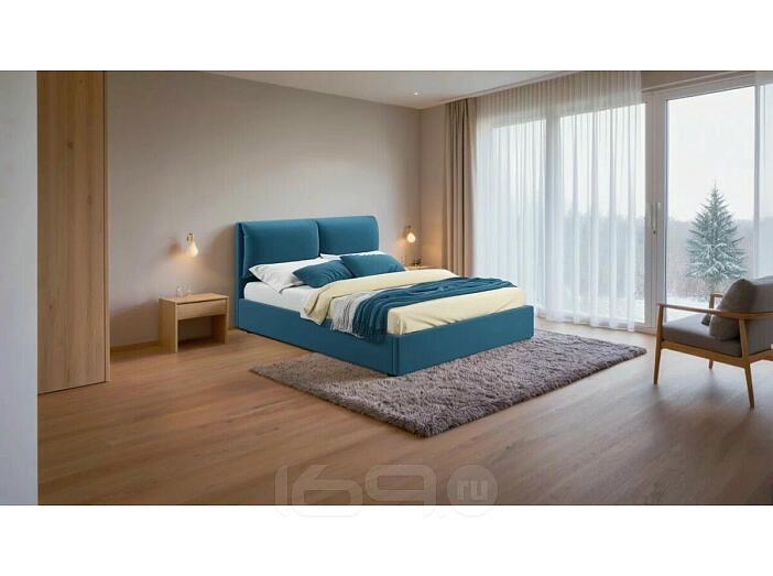 Кровать Vita с матрасом велюр синий без П/М 1800x2000, изголовье мягкое