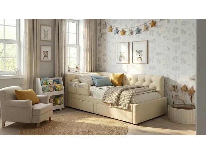 Кровать Afelia с матрасом велюр бежевый без П/М 900x2000, изголовье мягкое