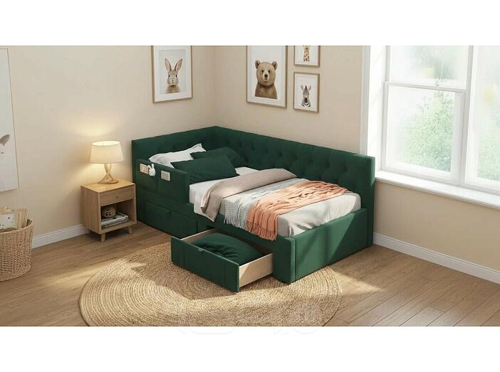 Кровать Afelia с матрасом велюр изумруд без П/М 900x2000, изголовье мягкое