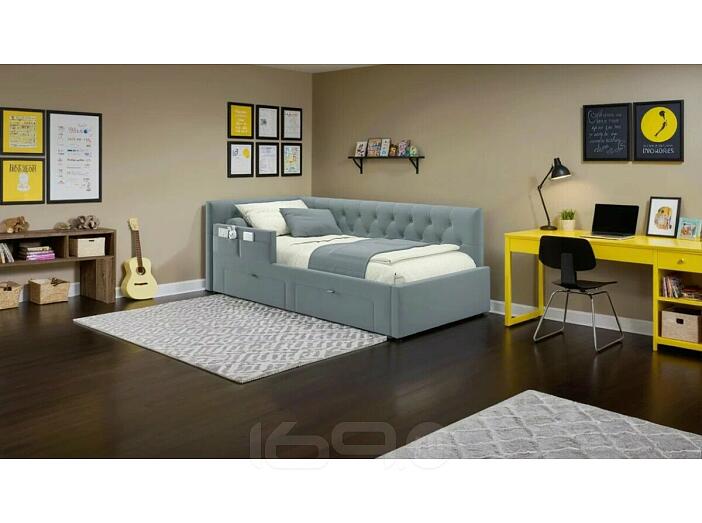 Кровать Afelia с матрасом велюр серый без П/М 900x2000, изголовье мягкое