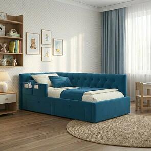 Кровать Afelia с матрасом велюр синий без П/М 900x2000, изголовье мягкое