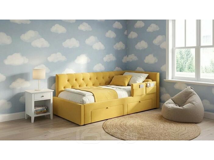 Кровать Afelia с матрасом велюр желтый без П/М 900x2000, изголовье мягкое