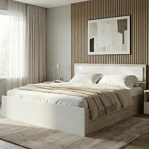 Кровать Мартина с матрасом без обивки белый глянец/дуб сонома С П/М 1400x2000, изголовье жесткое