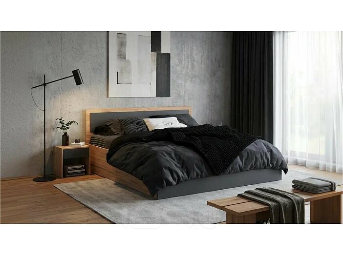 Кровать Мартина с матрасом без обивки графит/дуб крафт С П/М 1400x2000, изголовье жесткое