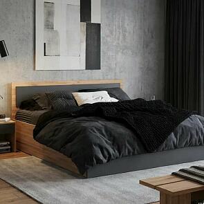 Кровать Мартина с матрасом без обивки графит/дуб крафт С П/М 1400x2000, изголовье жесткое