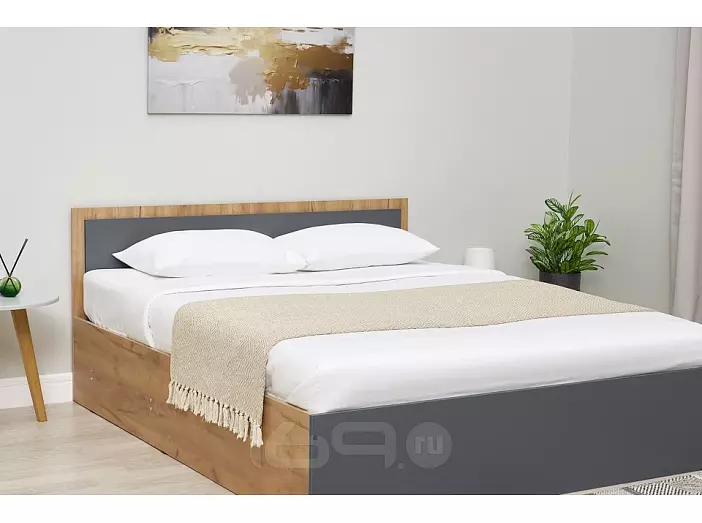 Кровать Мартина с матрасом без обивки графит/дуб крафт С П/М 1600x2000, изголовье жесткое