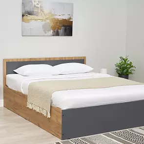 Кровать Мартина с матрасом без обивки графит/дуб крафт С П/М 1600x2000, изголовье жесткое