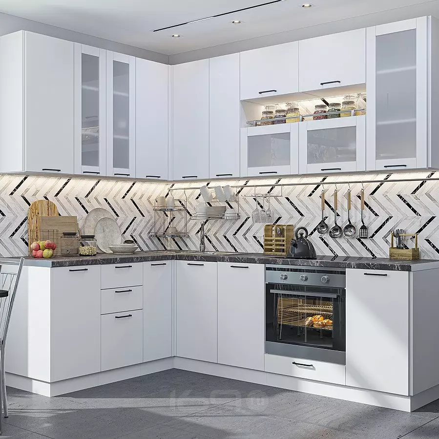 Кухня угловая Флэт Плюс-02 White In 2S/Белый 2340*1700/2400*600