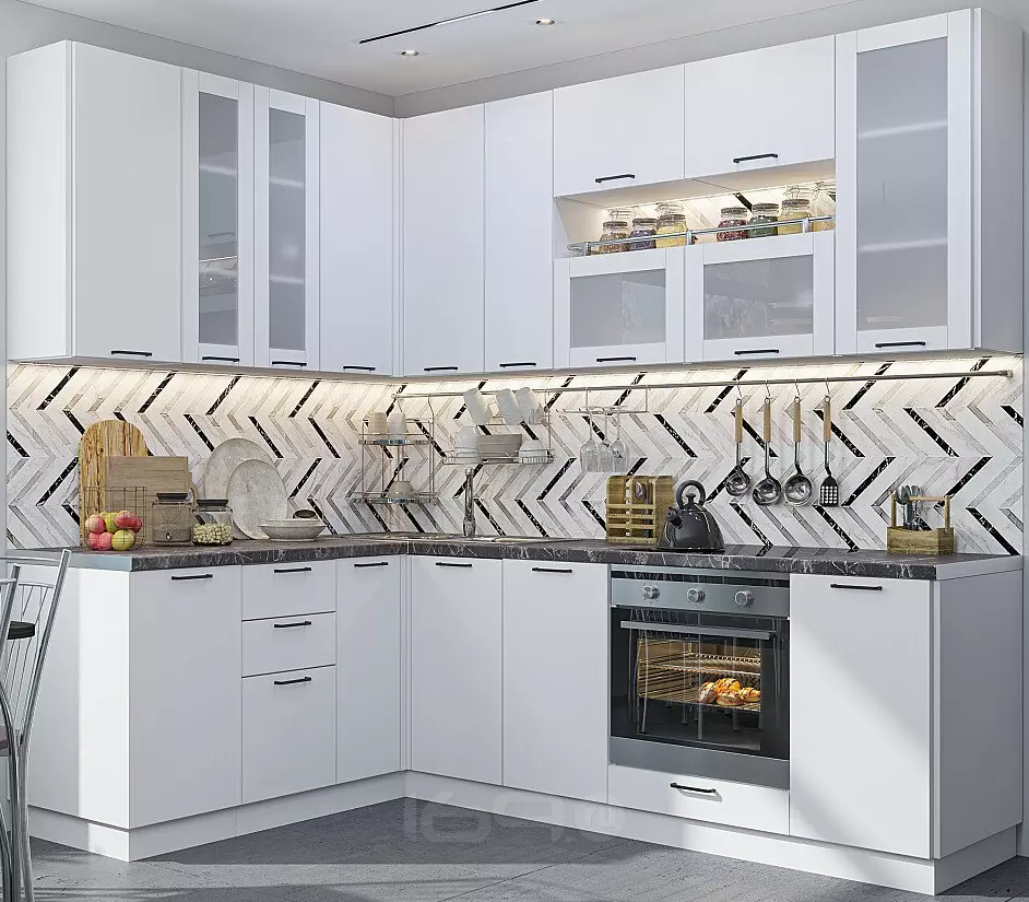 Кухня угловая Флэт Плюс-02 White In 2S/Белый 2340*1700/2400*600