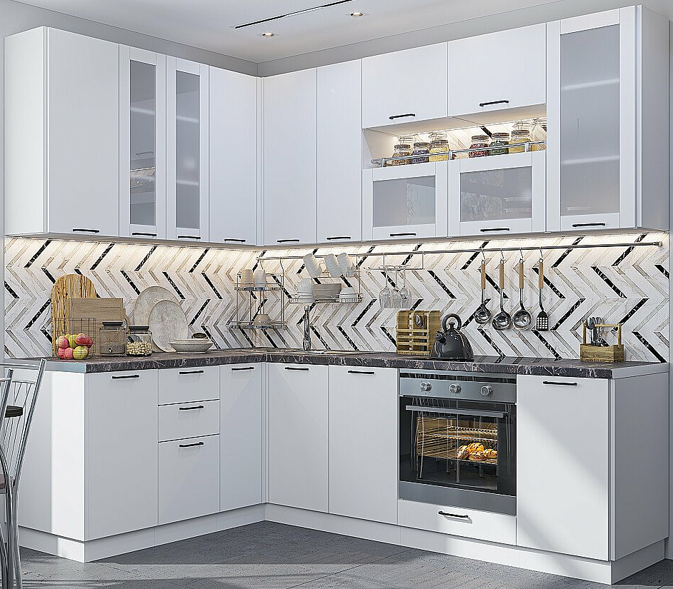 Кухня угловая Флэт Плюс-02 White In 2S/Белый 2340*1700/2400*600