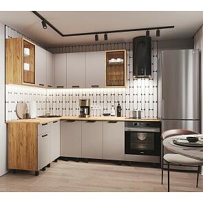 Кухня Техно 1,4х2,4м Компоновка №9 (Холст латте, Дуб Крафт (Дуб вотан))