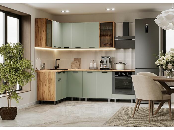 Кухня Техно 1,4х2,4м Компоновка №9 (Олива софт, Дуб Крафт (Дуб вотан))