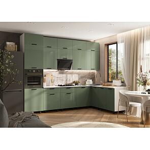 Кухня Техно 3,0х1,8/1080м Компоновка №6 (Олива глянец, Белый (Антарес))