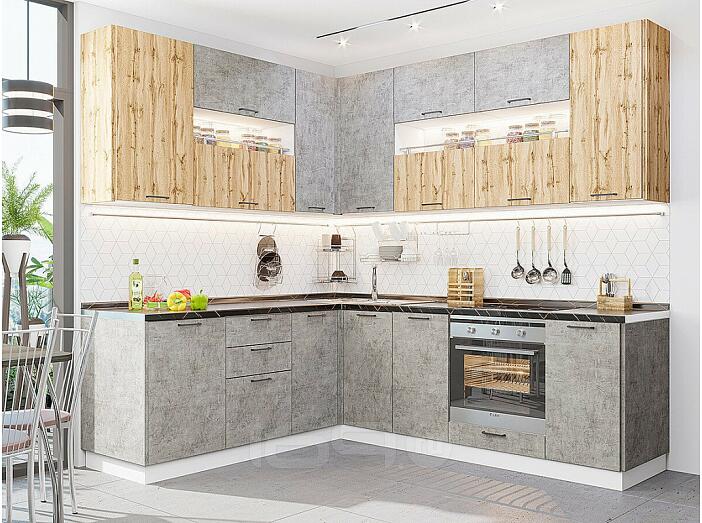 Модульный кухонный гарнитур Флэт-02 Temple Stone 2S, Wotan Oak 2S/Белый 2340x2390/1700x600