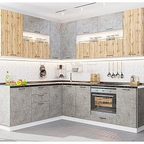 Модульный кухонный гарнитур Флэт-02 Temple Stone 2S, Wotan Oak 2S/Белый 2340x2390/1700x600