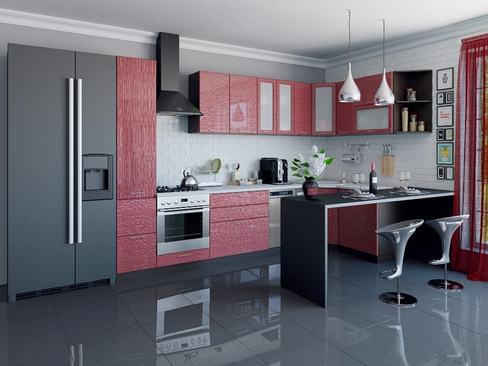 Угловая кухня Валерия-М-04 Красный глянец страйп Браво, цвет антарес
