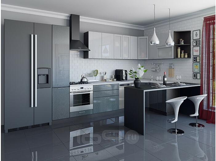 Кухня Валерия-М-04 Серый металлик дождь светлый/Черный металлик дождь
