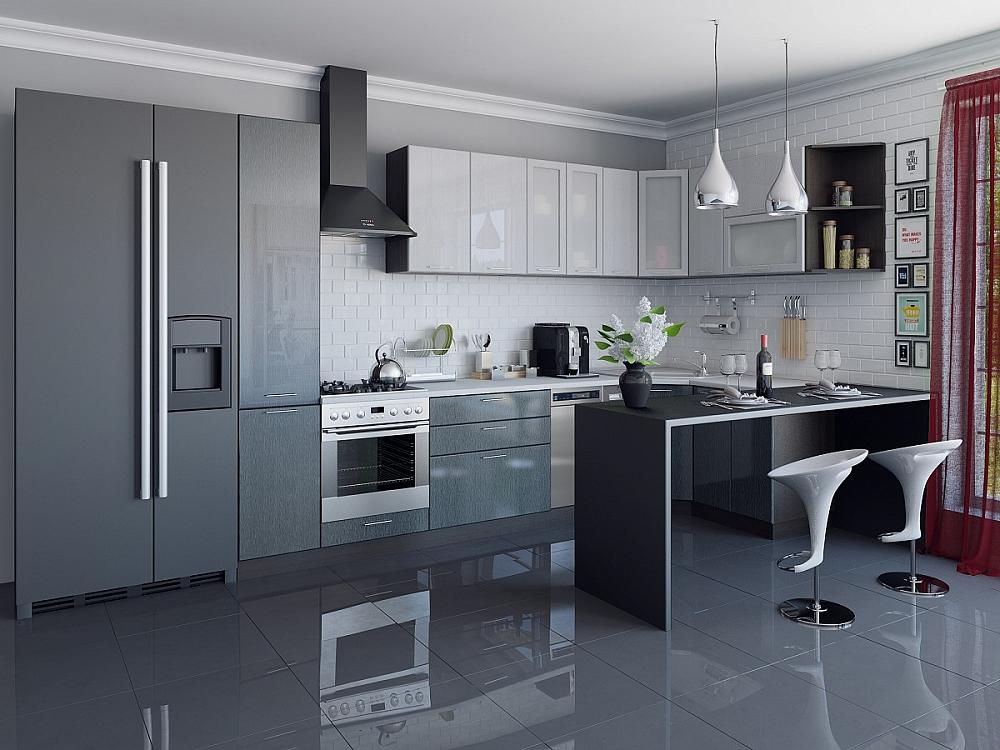 Угловая кухня Валерия-М-04 Серый металлик дождь светлый/Черный металлик дождь Браво, цвет антарес