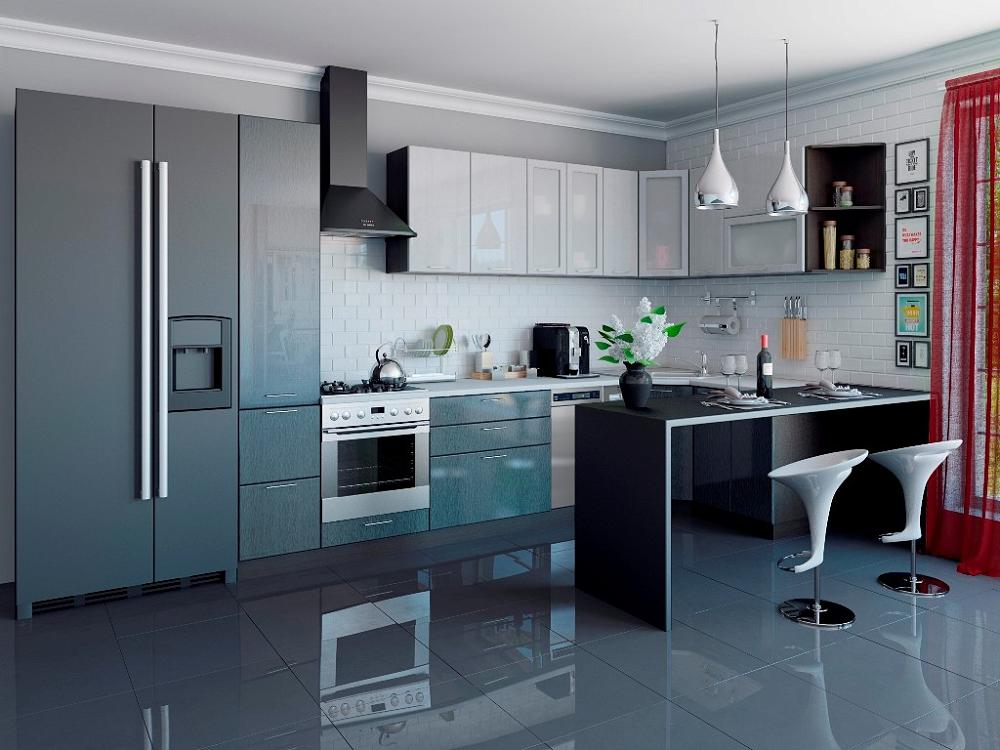 Угловая кухня Валерия-М-04 Серый металлик дождь/Чёрный металлик дождь Браво, цвет антарес