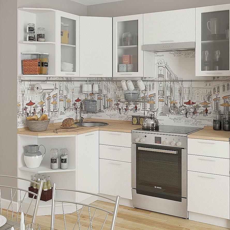 Угловая кухня Валерия-М-04 Белый металлик Белый 2140*1300/2000*600 Браво S-23789, цвет дуб натуральный