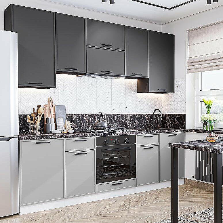 

Кухня прямая Фрейм-05 Stormy Silk/Grey Silk/Graphite/Белый 2340*2400*600