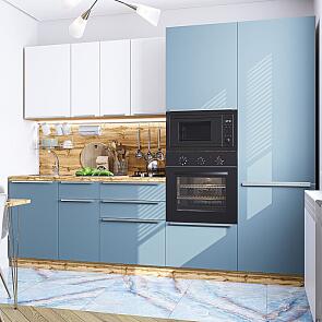 Модульный кухонный гарнитур Фьюжн-07 Silky Blue, Silky White/Дуб Вотан 2140x2700x600