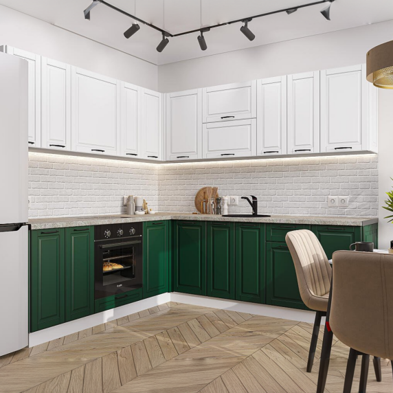 Кухня угловая Дублин-02 Special White/Special Green/Белый 2140*2200/2400*600