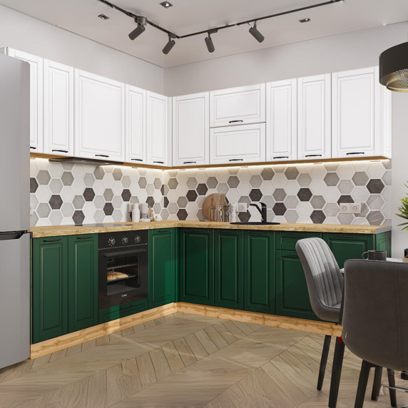 Кухня угловая Дублин-02 Special White/Special Green/Дуб Вотан 2140*2200/2400*600