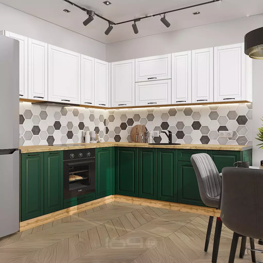 Кухня угловая Дублин-02 Special White/Special Green/Дуб Вотан 2140*2200/2400*600