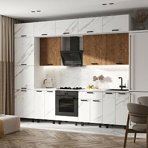 Кухонный гарнитур Техно Экзотическое дерево Амазония, Мрамор белый/Белый 2499x3000x600 (Антарес)