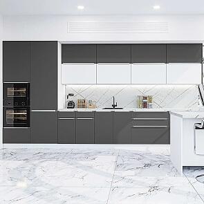 Модульный кухонный гарнитур Фьюжн-02 Silky White, Stormy Silk/Белый 2140x4400x600