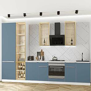 Модульный кухонный гарнитур Фьюжн-08 Silky Blue/Белый 2340x3400x600 Полки стекло