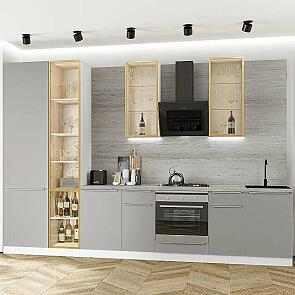 Модульный кухонный гарнитур Фьюжн-08 Silky Light Grey/Белый 2340x3400x600 Полки стекло