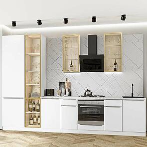 Модульный кухонный гарнитур Фьюжн-08 Silky White/Белый 2340x3400x600 Полки стекло