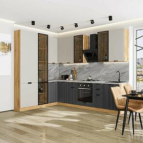 Модульный кухонный гарнитур Евро Лайн-07 Агат, Антрацит/Дуб Вотан 2340x2000/3000x600 Полки стекло