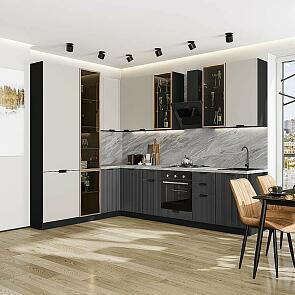 Модульный кухонный гарнитур Евро Лайн-07 Агат, Антрацит/Graphite 2340x2000/3000x600 Полки стекло