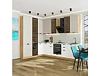 Модульный кухонный гарнитур Евро Лайн-07 Агат, Белый/Дуб Вотан 2340x2000/3000x600 Полки стекло