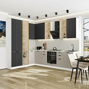 Модульный кухонный гарнитур Евро Лайн-07 Антрацит, Агат/Белый 2340x2000/3000x600