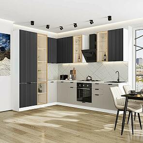 Модульный кухонный гарнитур Евро Лайн-07 Антрацит, Агат/Белый 2340x2000/3000x600 Полки стекло