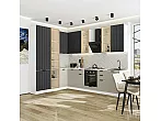 Модульный кухонный гарнитур Евро Лайн-07 Антрацит, Агат/Белый 2340x2000/3000x600 Полки стекло
