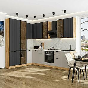 Модульный кухонный гарнитур Евро Лайн-07 Антрацит, Агат/Дуб Вотан 2340x2000/3000x600