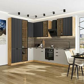 Модульный кухонный гарнитур Евро Лайн-07 Антрацит, Агат/Дуб Вотан 2340x2000/3000x600 Полки стекло