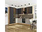 Модульный кухонный гарнитур Евро Лайн-07 Антрацит, Агат/Дуб Вотан 2340x2000/3000x600 Полки стекло