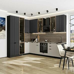 Модульный кухонный гарнитур Евро Лайн-07 Антрацит, Агат/Graphite 2340x2000/3000x600 Полки стекло