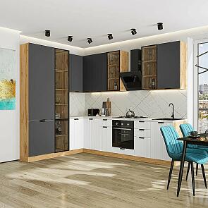 Модульный кухонный гарнитур Евро Лайн-07 Антрацит, Белый/Дуб Вотан 2340x2000/3000x600