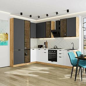 Модульный кухонный гарнитур Евро Лайн-07 Антрацит, Белый/Дуб Вотан 2340x2000/3000x600 Полки стекло