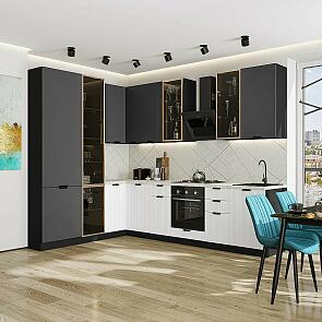 Модульный кухонный гарнитур Евро Лайн-07 Антрацит, Белый/Graphite 2340x2000/3000x600 Полки стекло