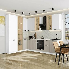 Модульный кухонный гарнитур Евро Лайн-07 Белый, Агат/Белый 2340x2000/3000x600 Полки стекло