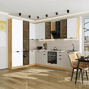 Модульный кухонный гарнитур Евро Лайн-07 Белый, Агат/Дуб Вотан 2340x2000/3000x600
